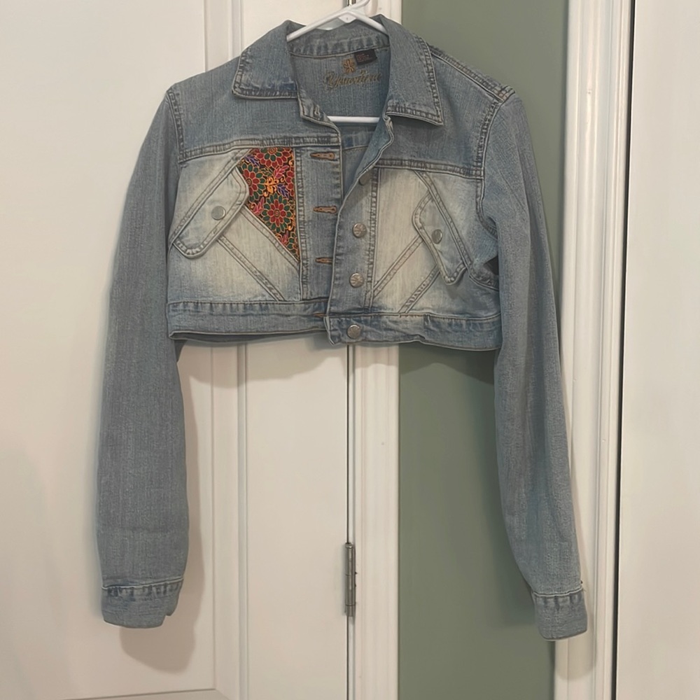 Jean, embroidered floral, crop jacket